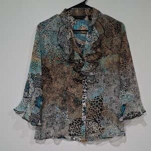 Investments Women's Blue and Brown Patterned Blouse Size S